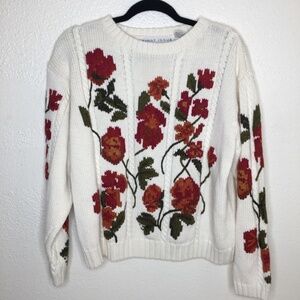 Vintage First Issue Cable Knit Floral Cotton Sweater XS